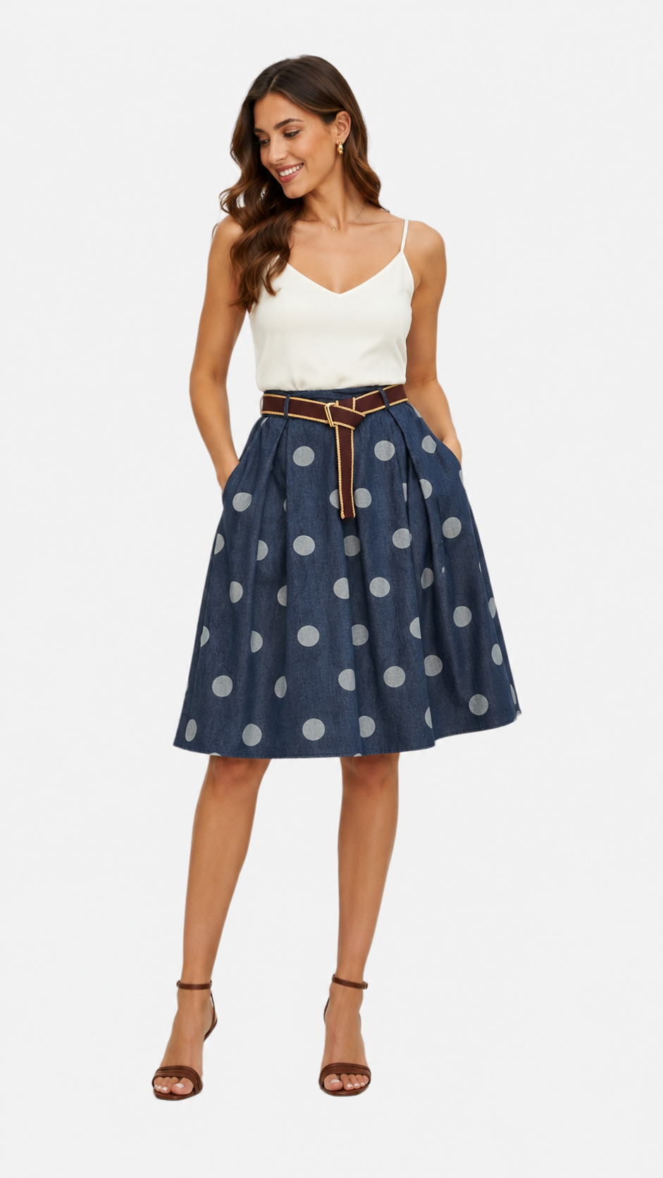 Gonna Midi in Denim a Pois con Cintura