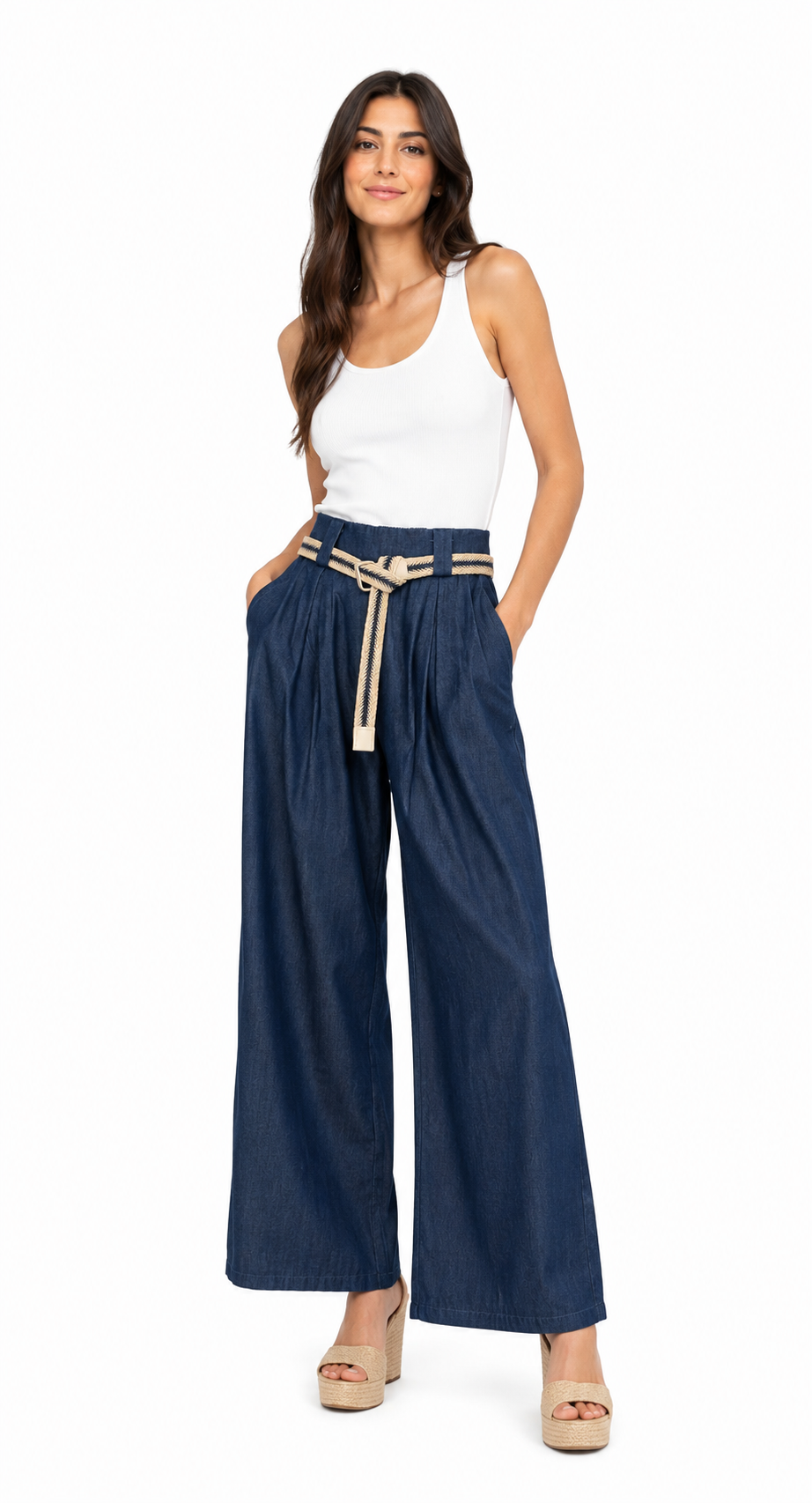 Pantalone Palazzo denim con Cintura Intrecciata