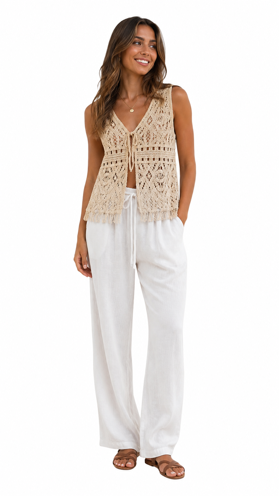 Gilet Crochet Boho Beige con Frange