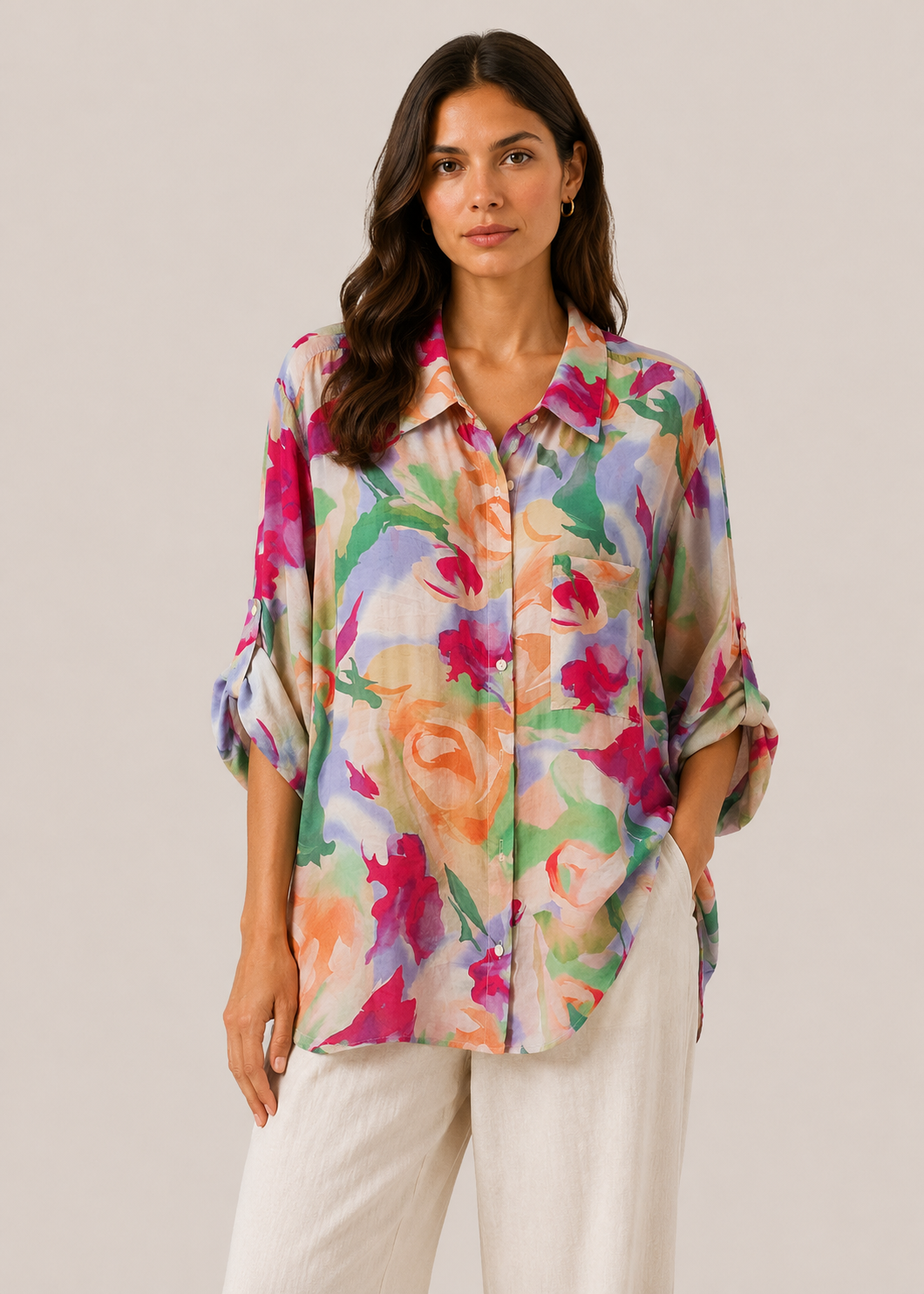 Camicia Donna Fantasia Floreale Acquerello Multicolor