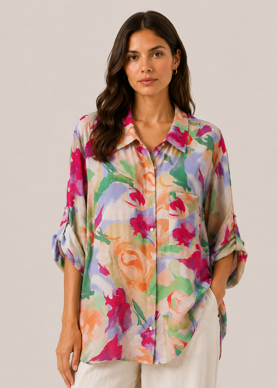 Camicia Donna Fantasia Floreale Acquerello Multicolor