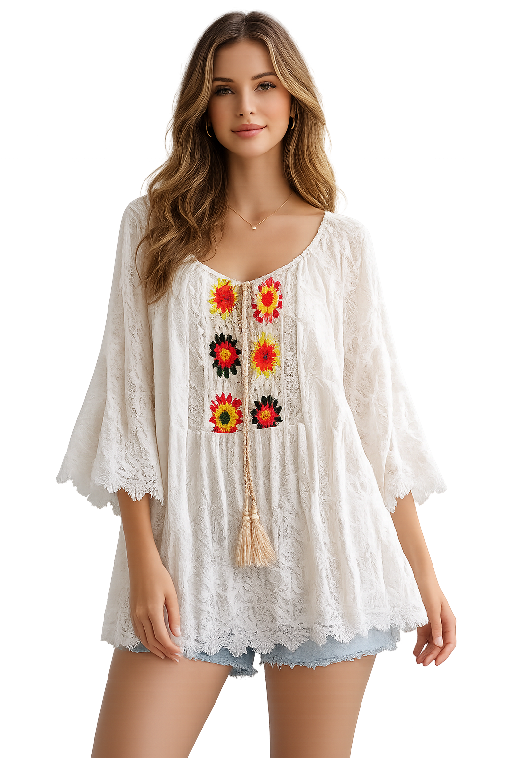 casacca in Pizzo Bianco con Ricami Floreali Multicolor