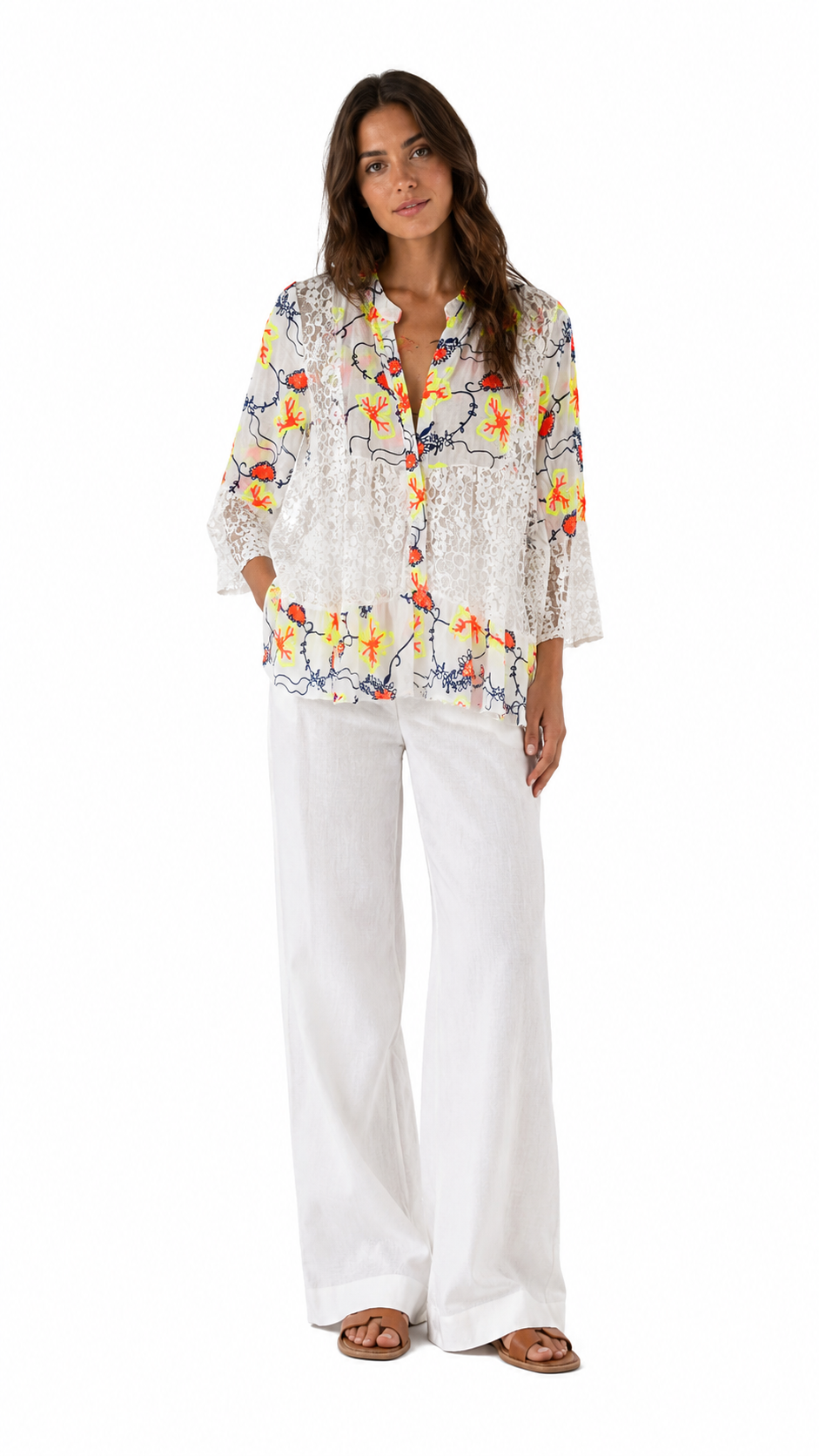 Camicia in Pizzo con Ricami Floreali Multicolor