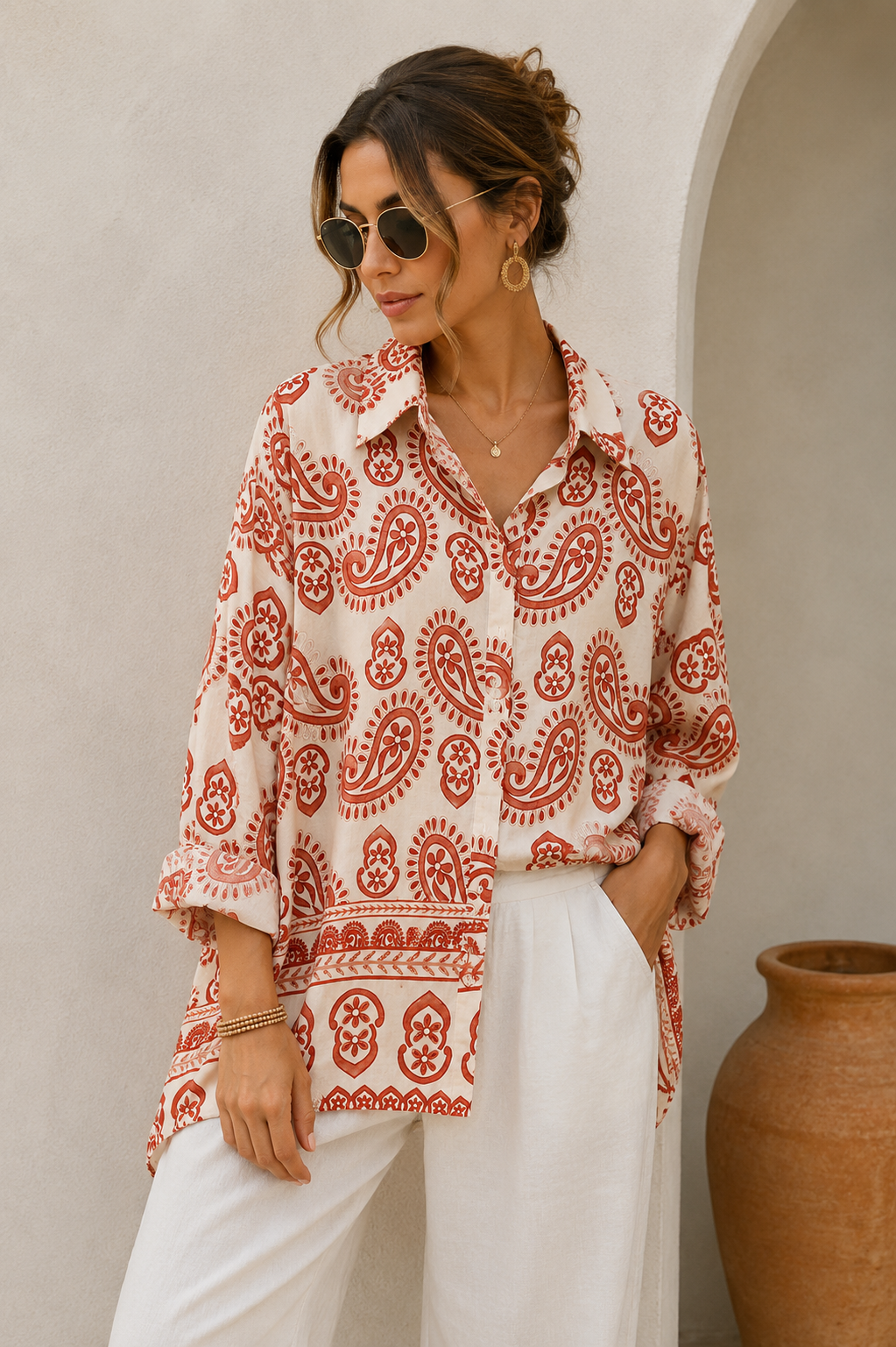 Camicia Donna Fantasia Paisley Panna e Terracotta – Vestibilità Morbida