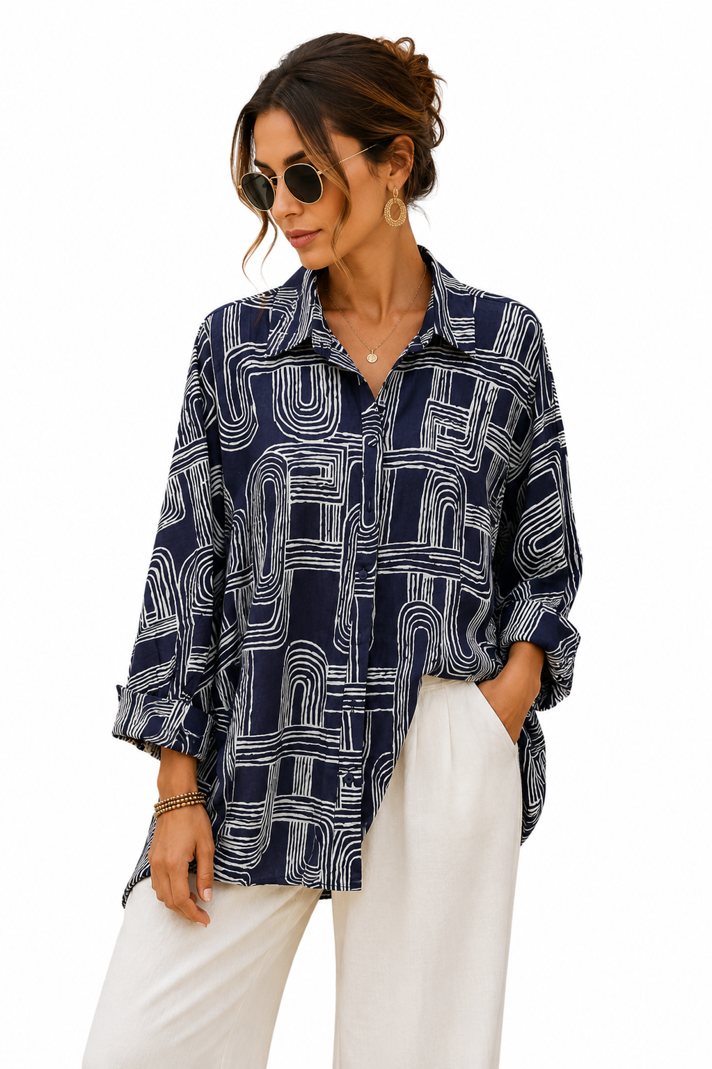 Camicia Donna Fantasia Geometrica Blu Navy e Bianco – Vestibilità Over