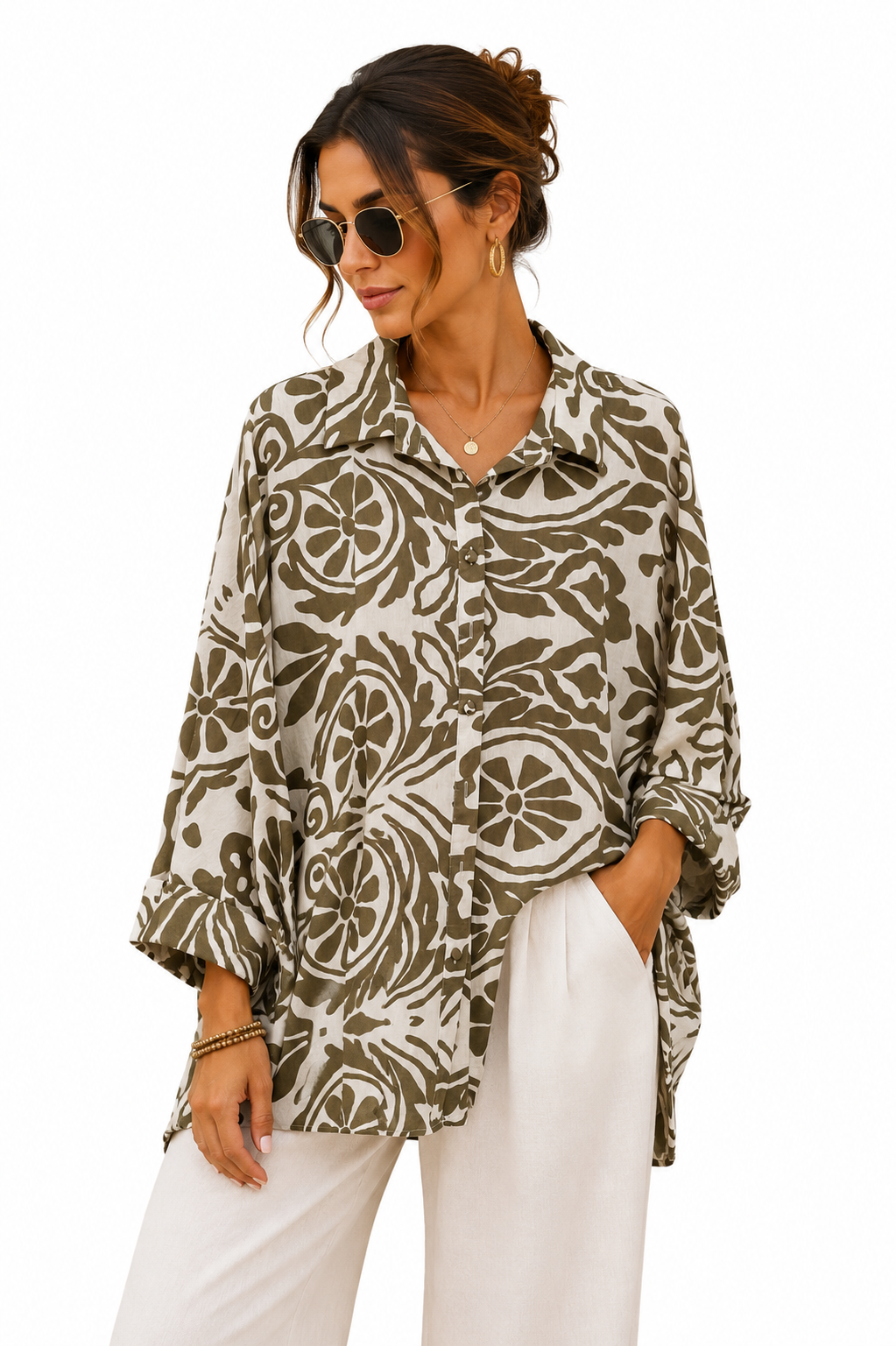 Camicia Over Fantasia Botanica Beige e Tortora
