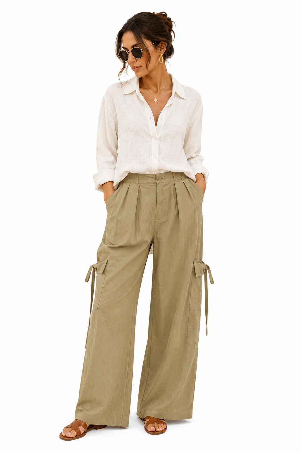 Pantalone Cargo Donna Beige – Gamba Ampia