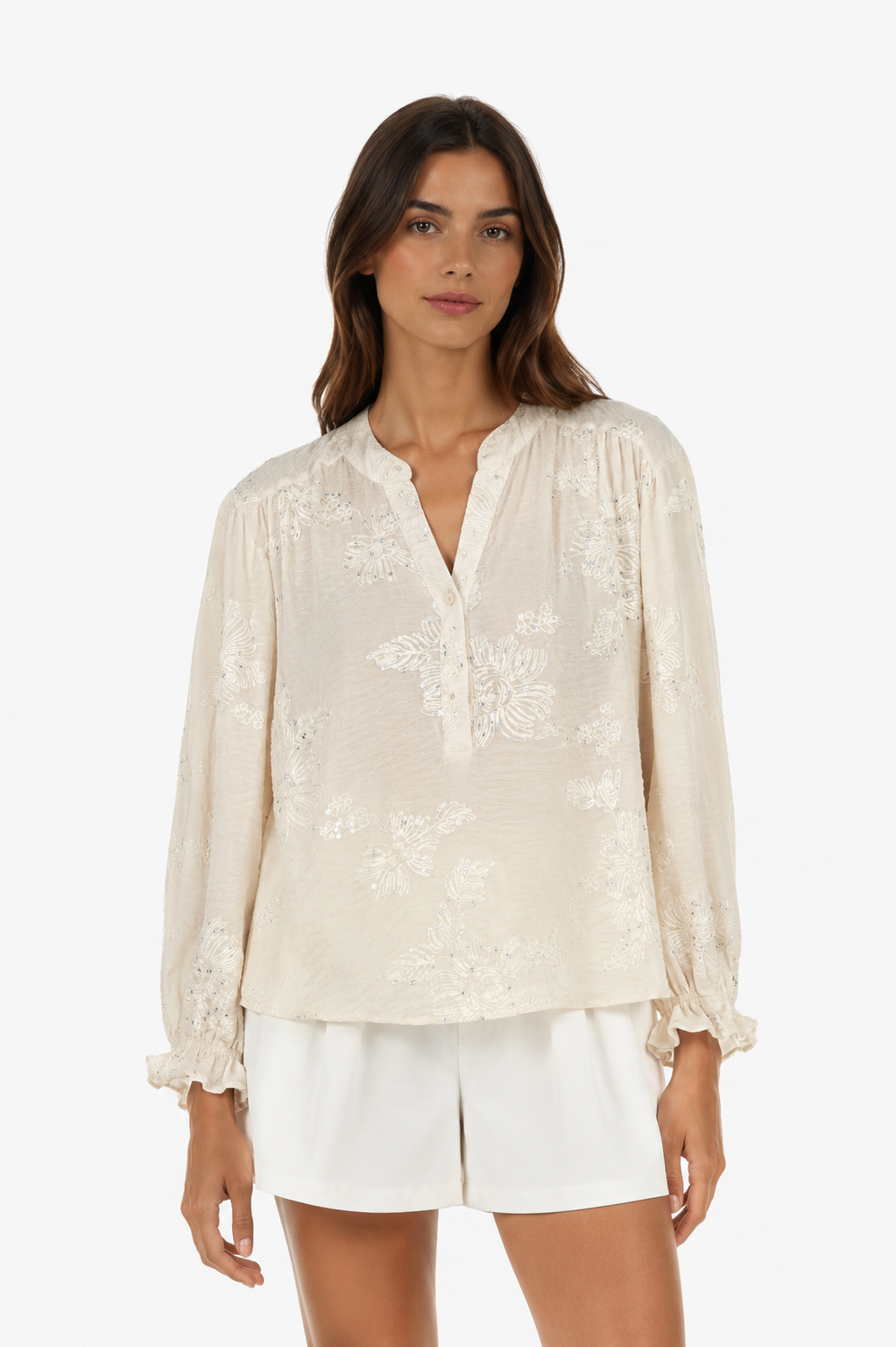 Blusa Donna Ricamata con Paillettes – Colore Panna