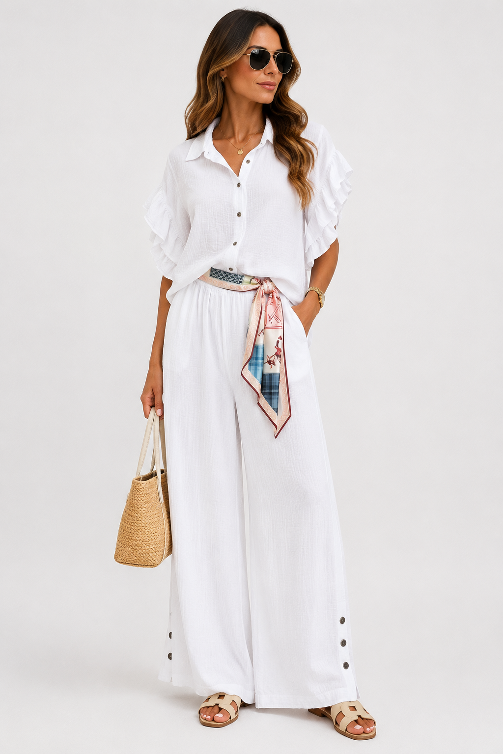 Completo in Cotone con Camicia a Volant e Pantalone Palazzo