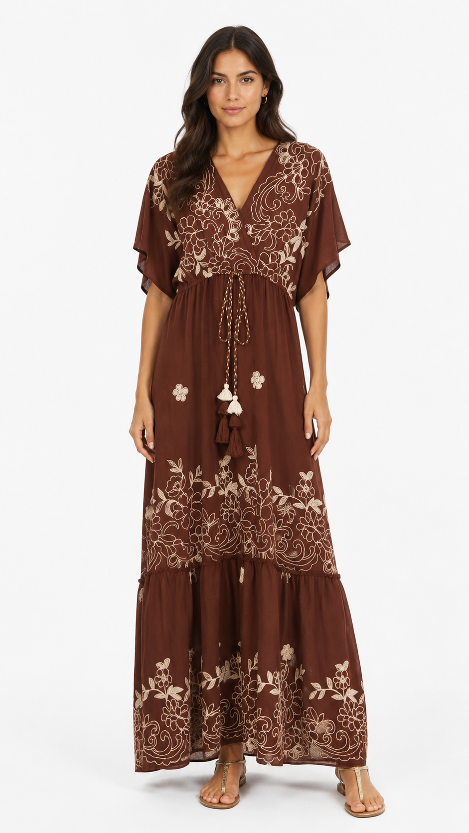 Abito Lungo Boho Chic con Stampa Floreale e Cintura in Corda