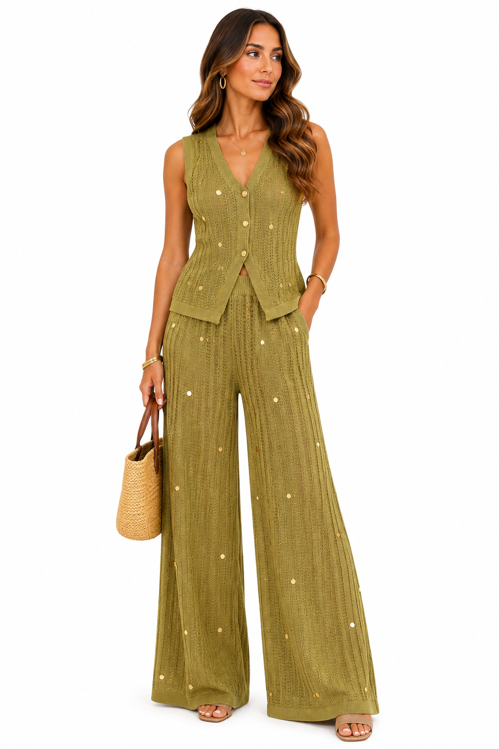 Completo in Maglia con applicazioni in oro– Gilet e Pantalone Palazzo