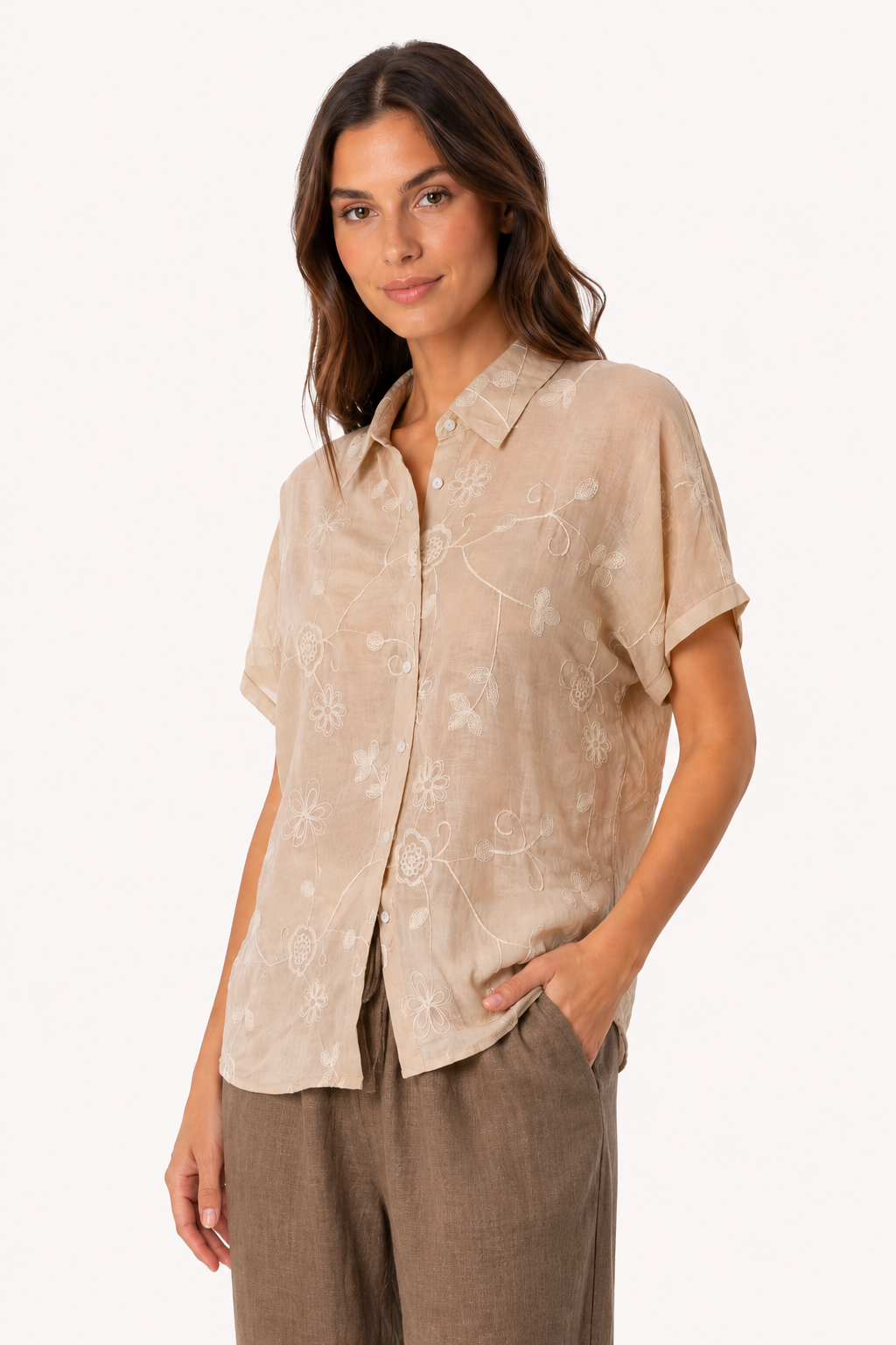 Camicia Donna Beige Ricamata a Fiori – Manica Corta