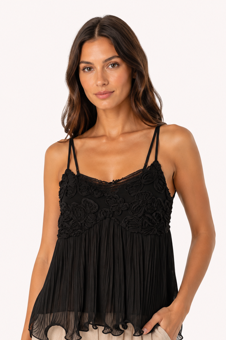 Top Donna Nero Plissé con Applicazioni Floreali