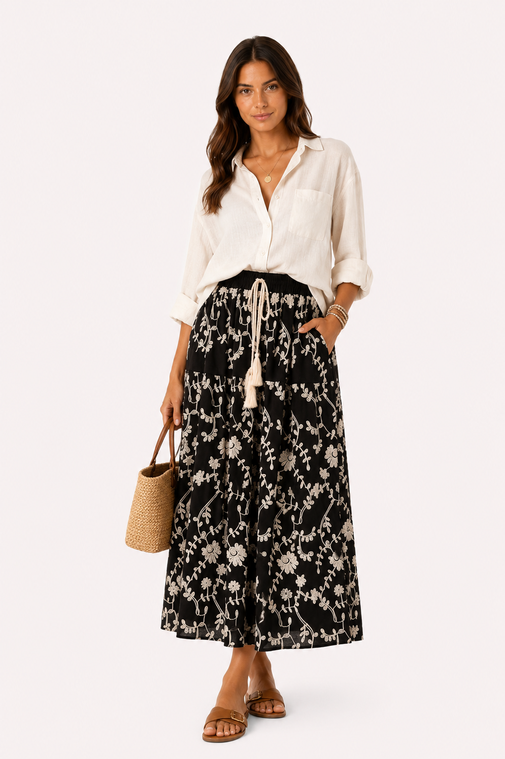 Gonna Lunga Beige Ricamata con Motivo Floreale