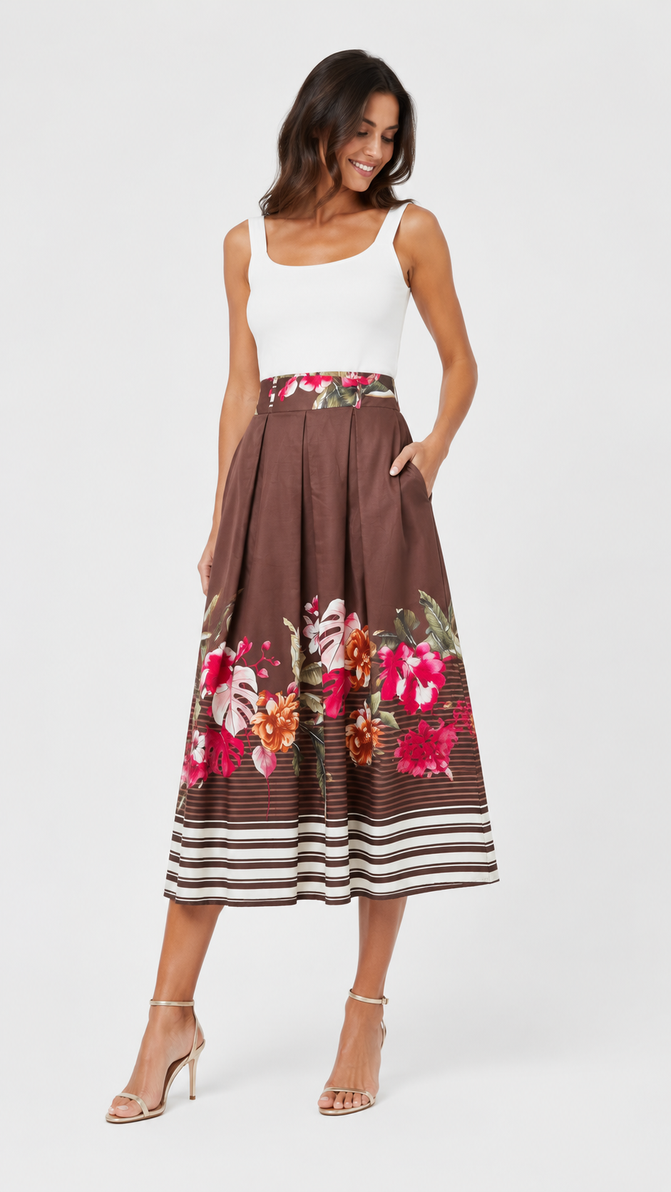 Gonna midi floreale con fantasia tropicale