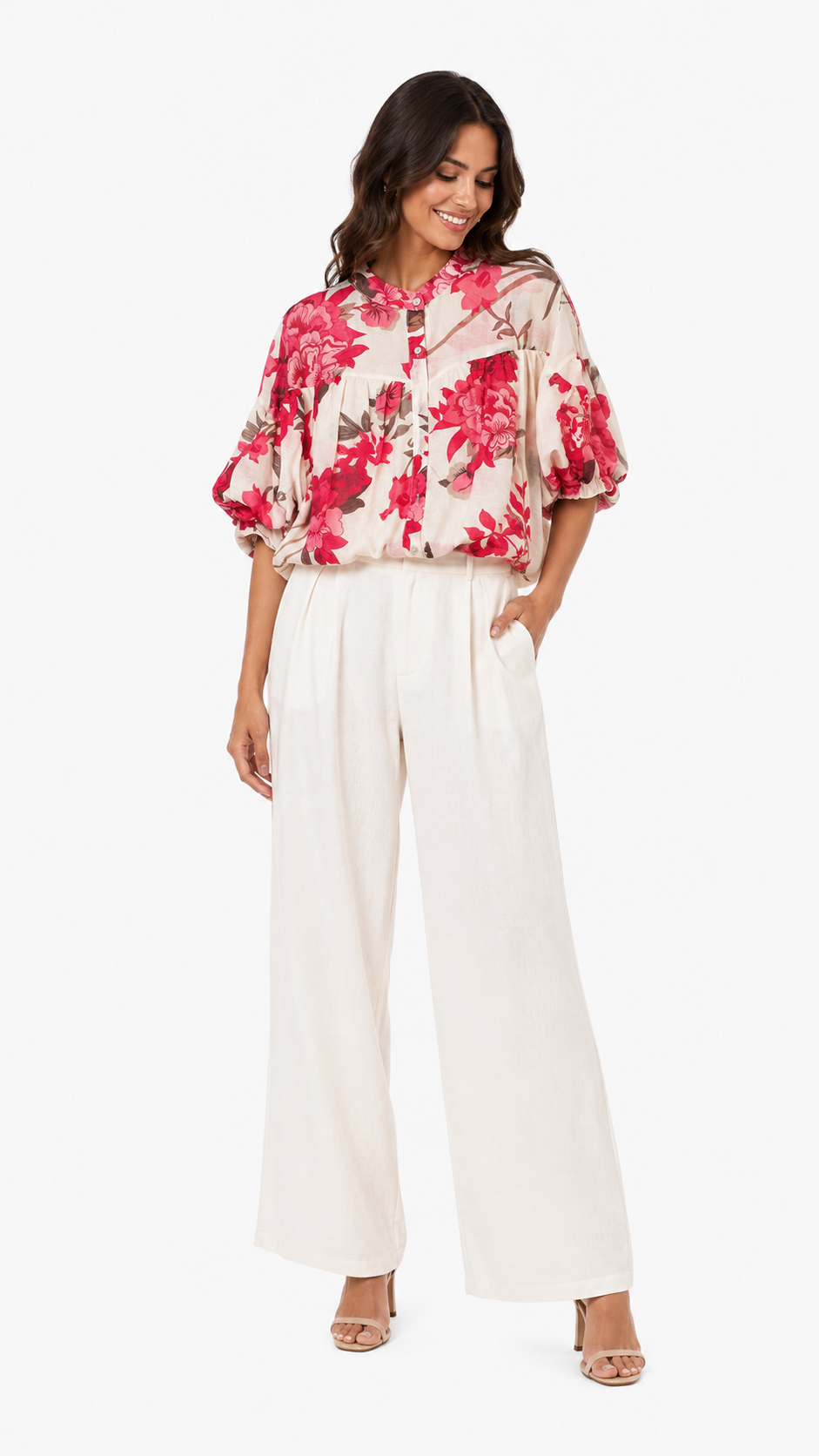 Camicia floreale da donna con maniche a sbuffo