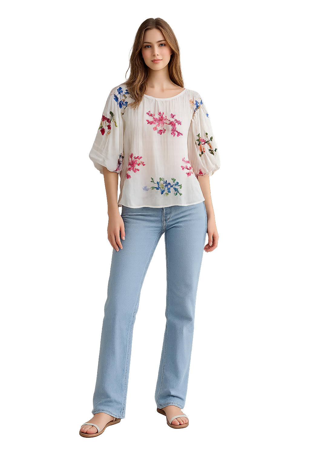 Blusa ricamata floreale con maniche a sbuffo