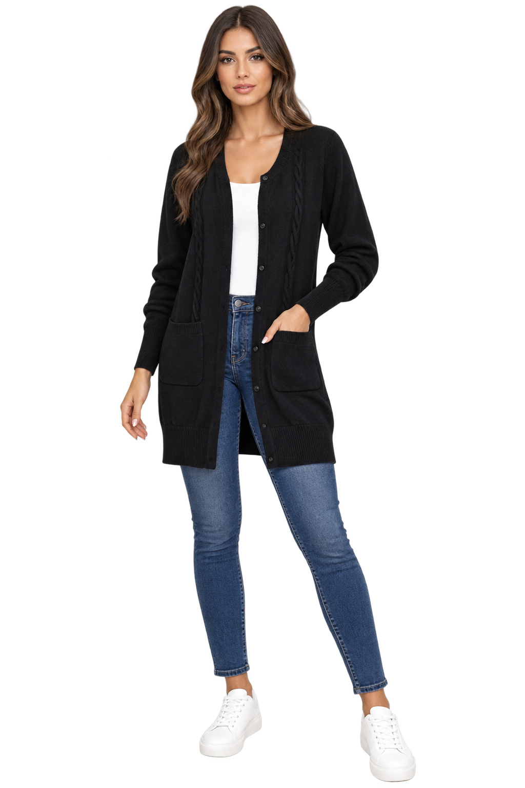 Cardigan Lungo in Maglia con Trecce e Tasche
