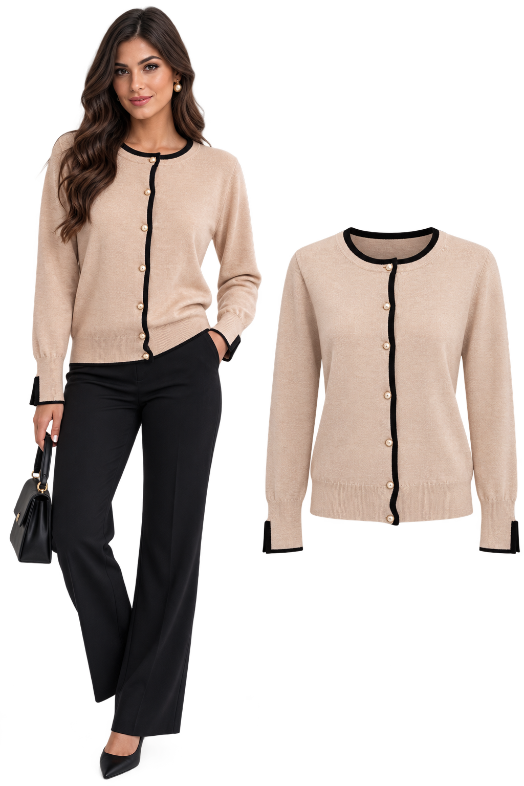 Cardigan Elegante con Profili a Contrasto e Bottoni Gioiello