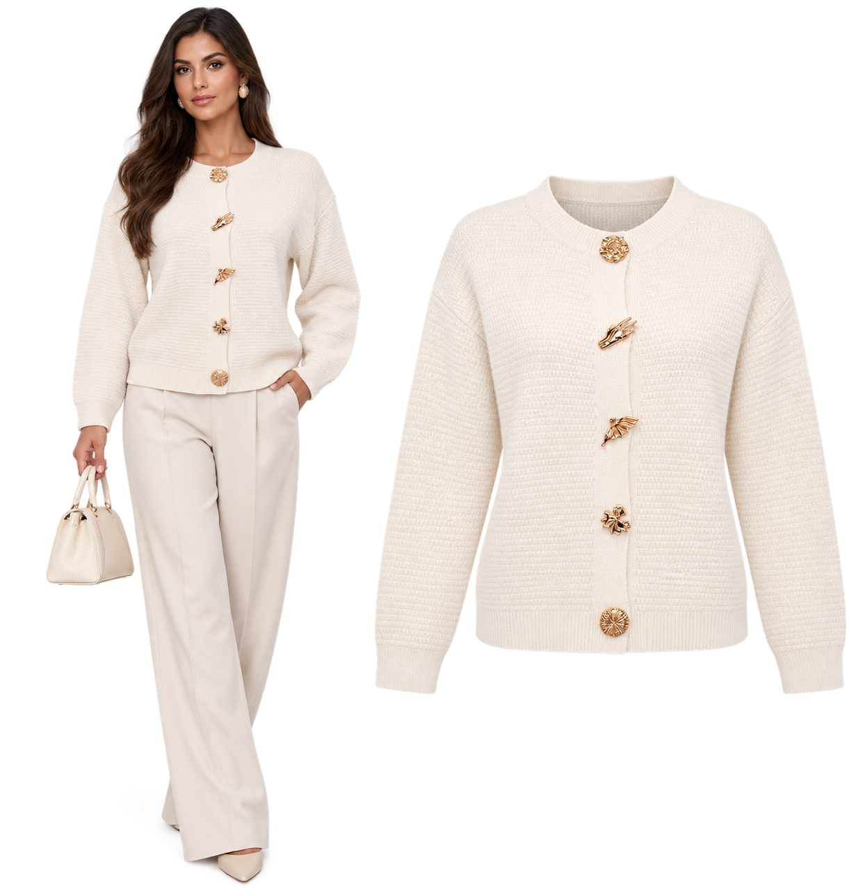 Cardigan in Maglia Texture con Bottoni Gioiello