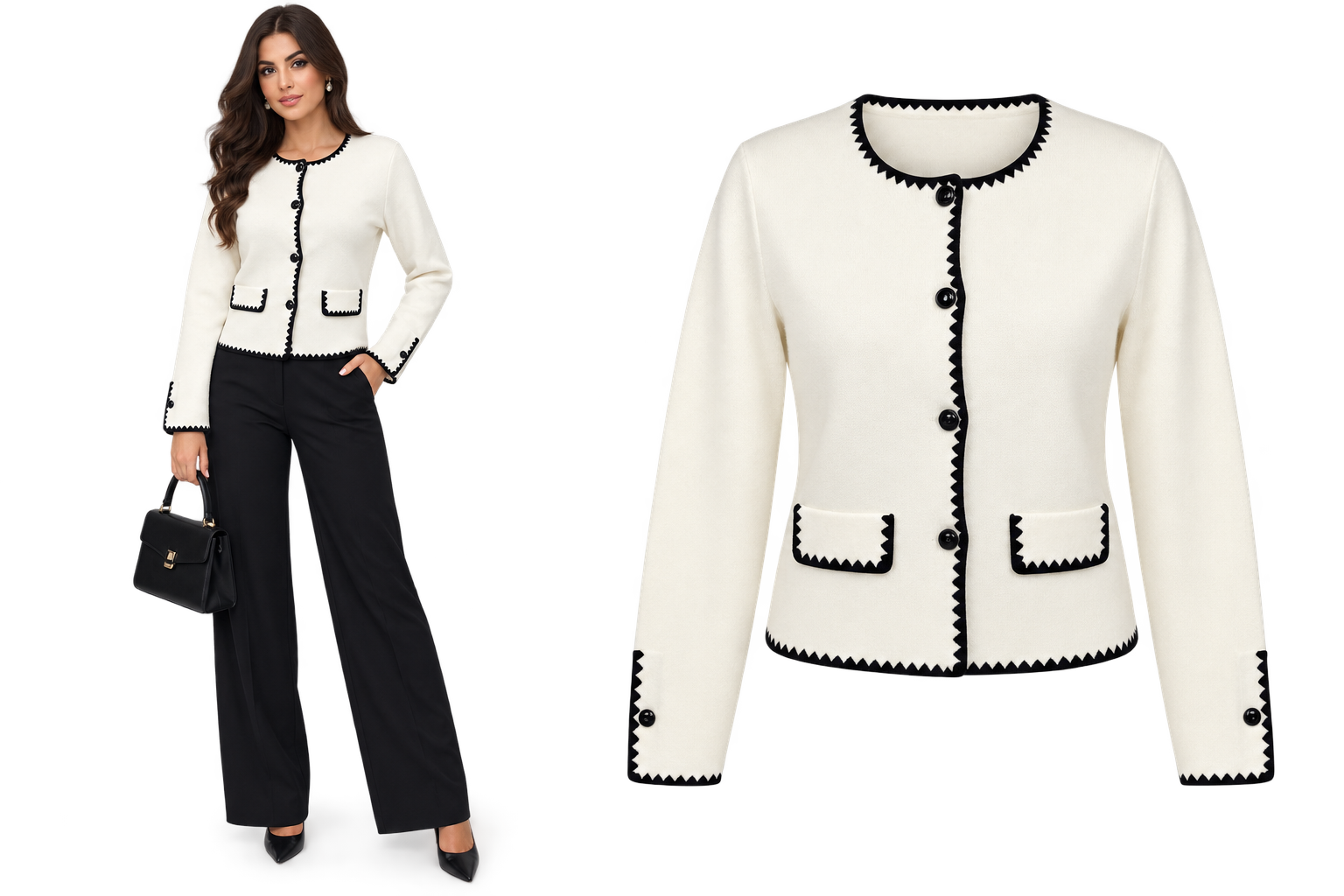 Cardigan Elegante con Profili a Contrasto e Bottoni Gioiello