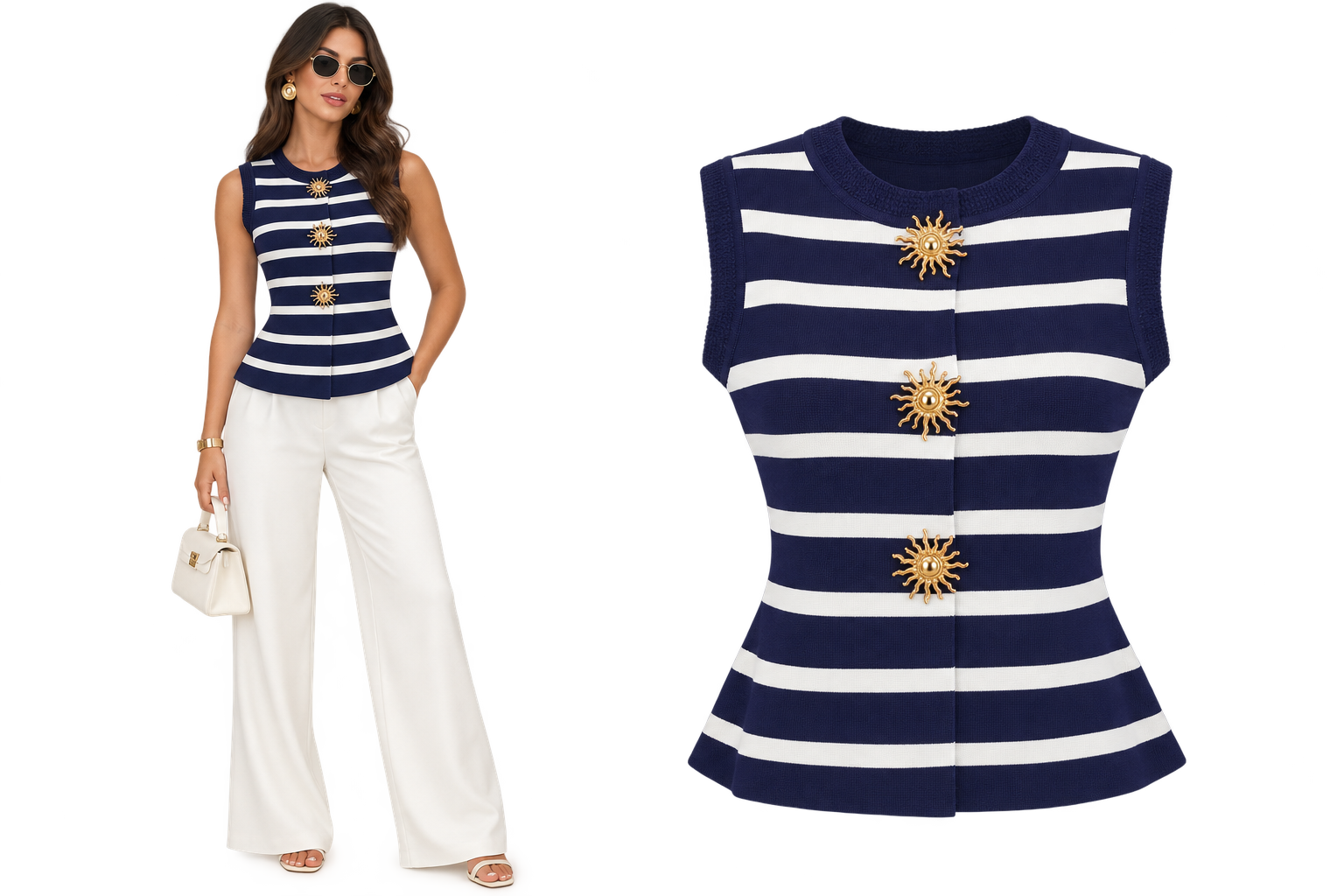 Gilet in Maglia a Righe con Bottoni Gioiello