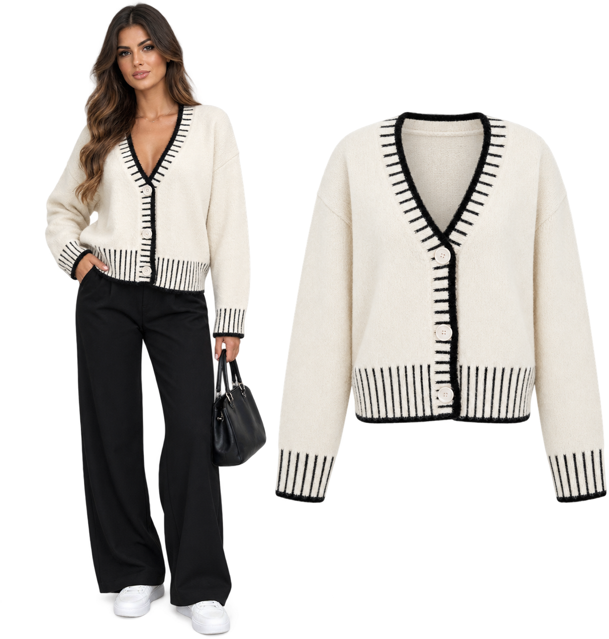 Cardigan in Maglia con Profili a Contrasto
