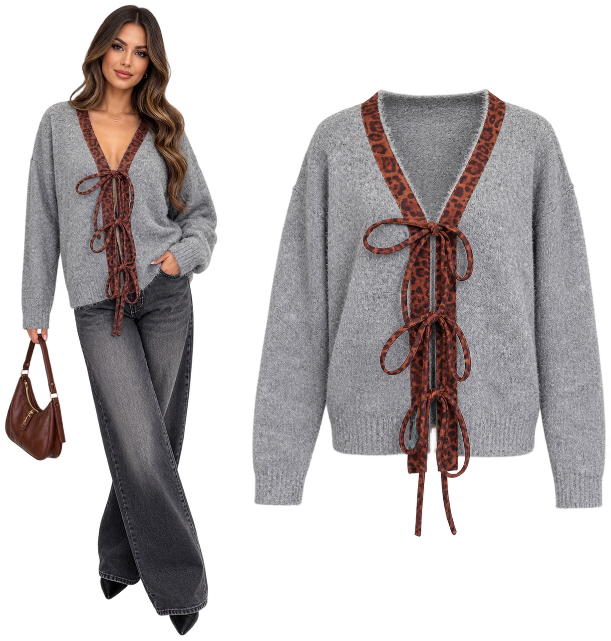 Cardigan Morbido con Profili Animalier e Fiocchi