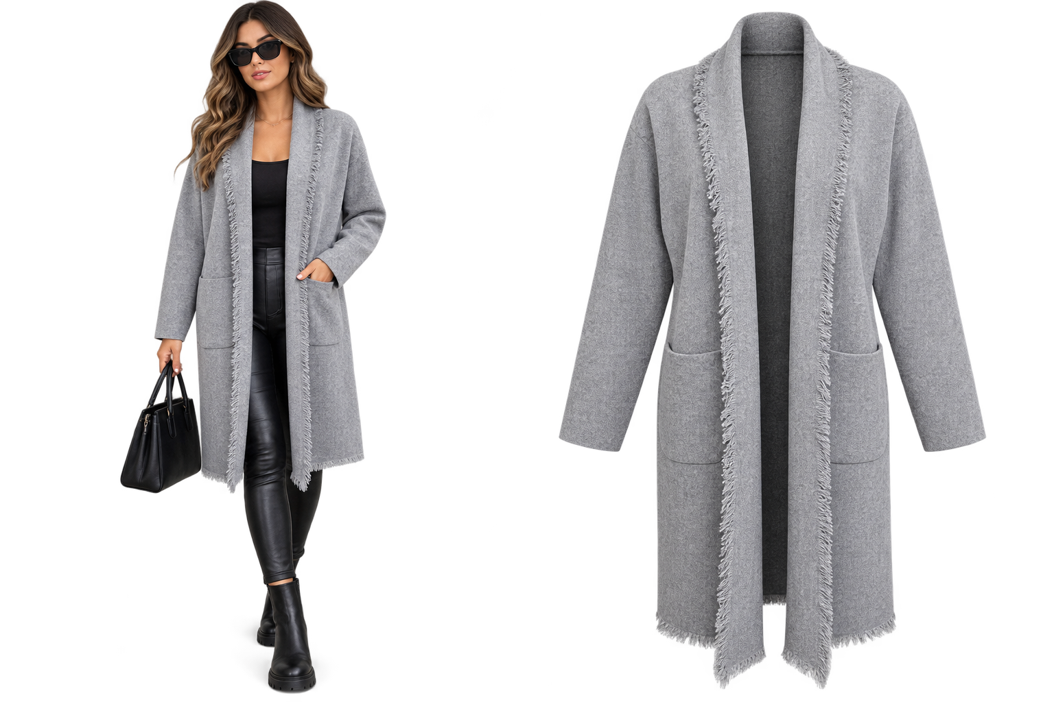 Cardigan Lungo con Frange e Tasche