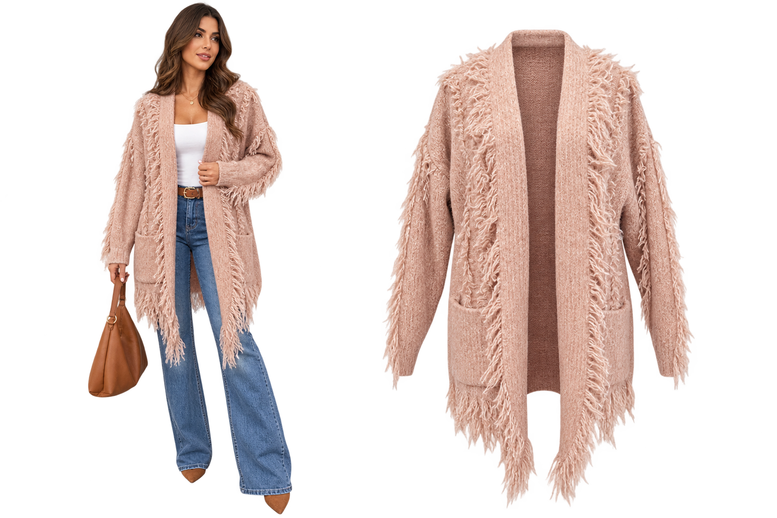 Cardigan Lungo con Frange e Tasche