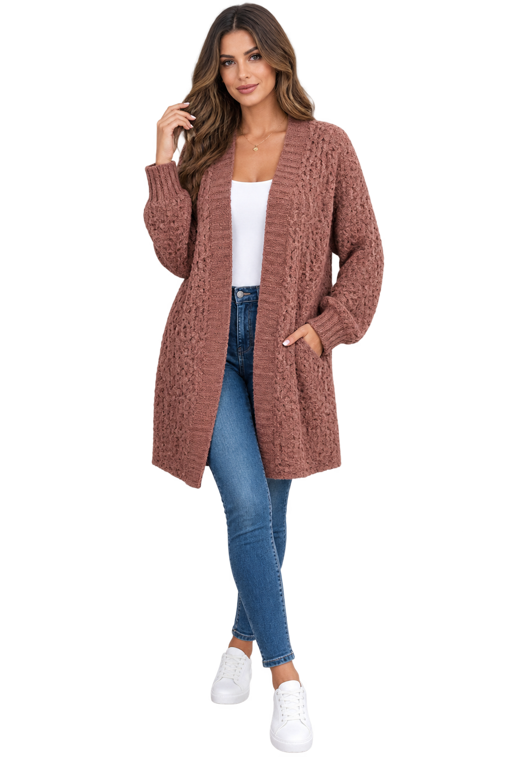 Cardigan Lungo Traforato in Maglia