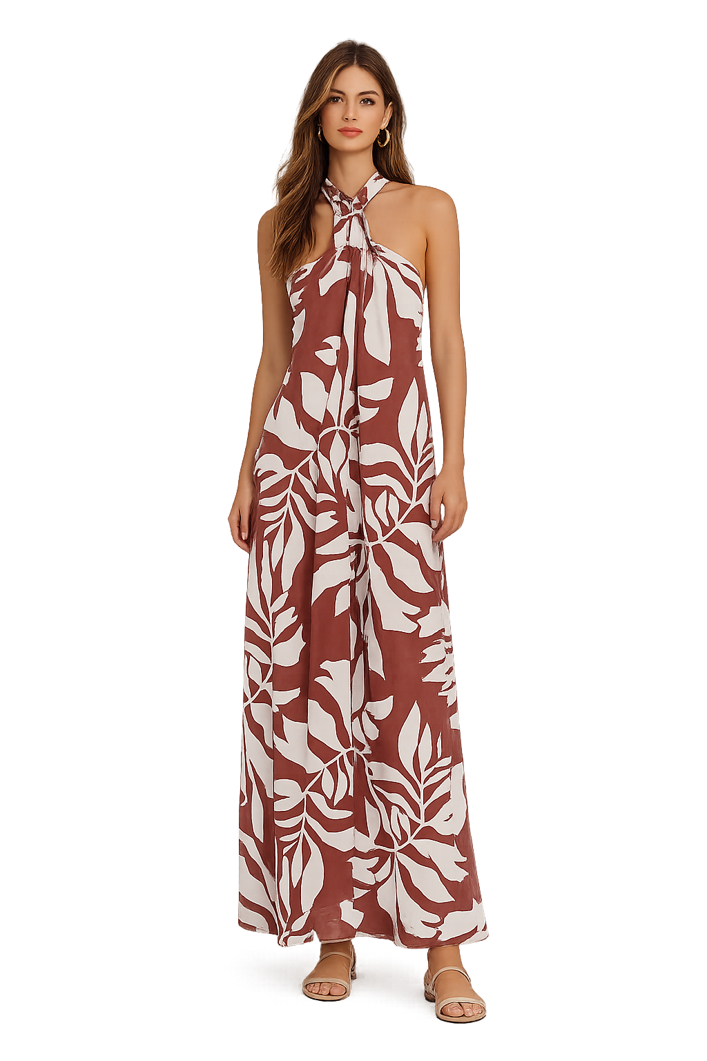 Abito lungo fantasia tropicale con scollo all'americana