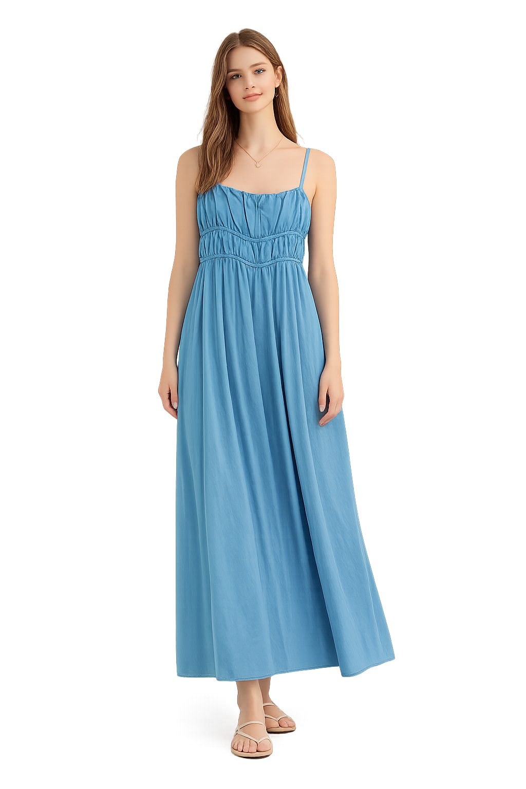 Abito Lungo in Denim Azzurro con Corpino Arricciato