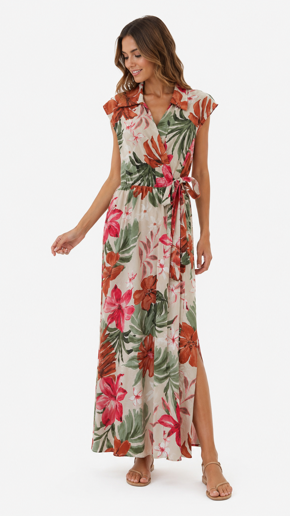 Abito Lungo Floreale Tropical Chic con Cintura Annodata