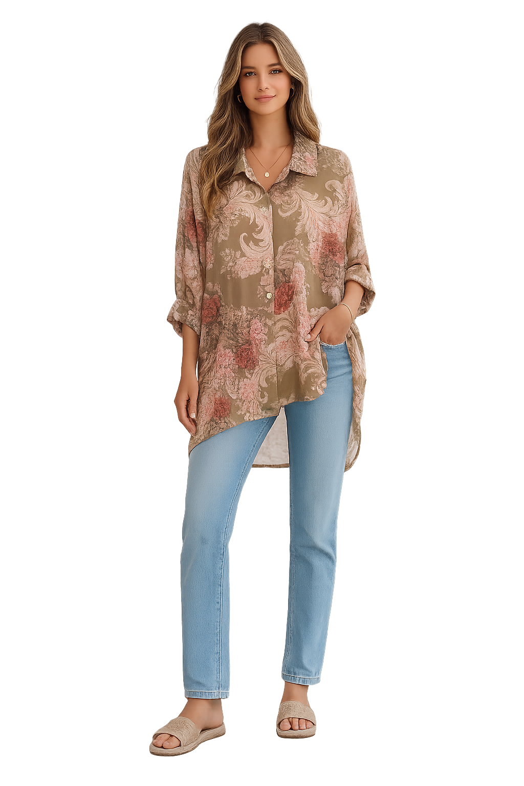Camicia Lunga Floreale con Colletto e Maniche Arricciabili