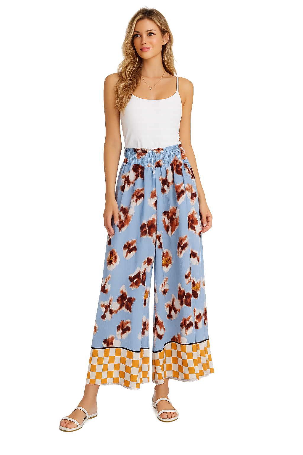 Pantalone Palazzo Fantasia Floreale con Bordo Check Verde