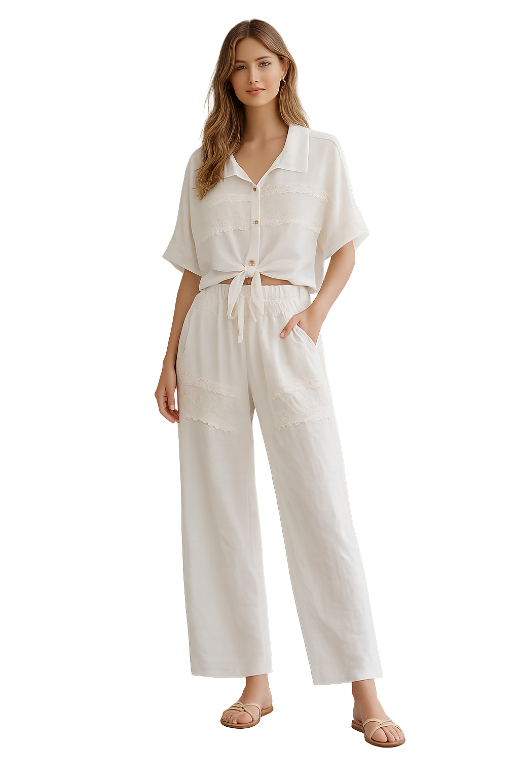 Completo Donna in Lino con Inserti in Pizzo – Camicia Annodata e Pantalone Palazzo