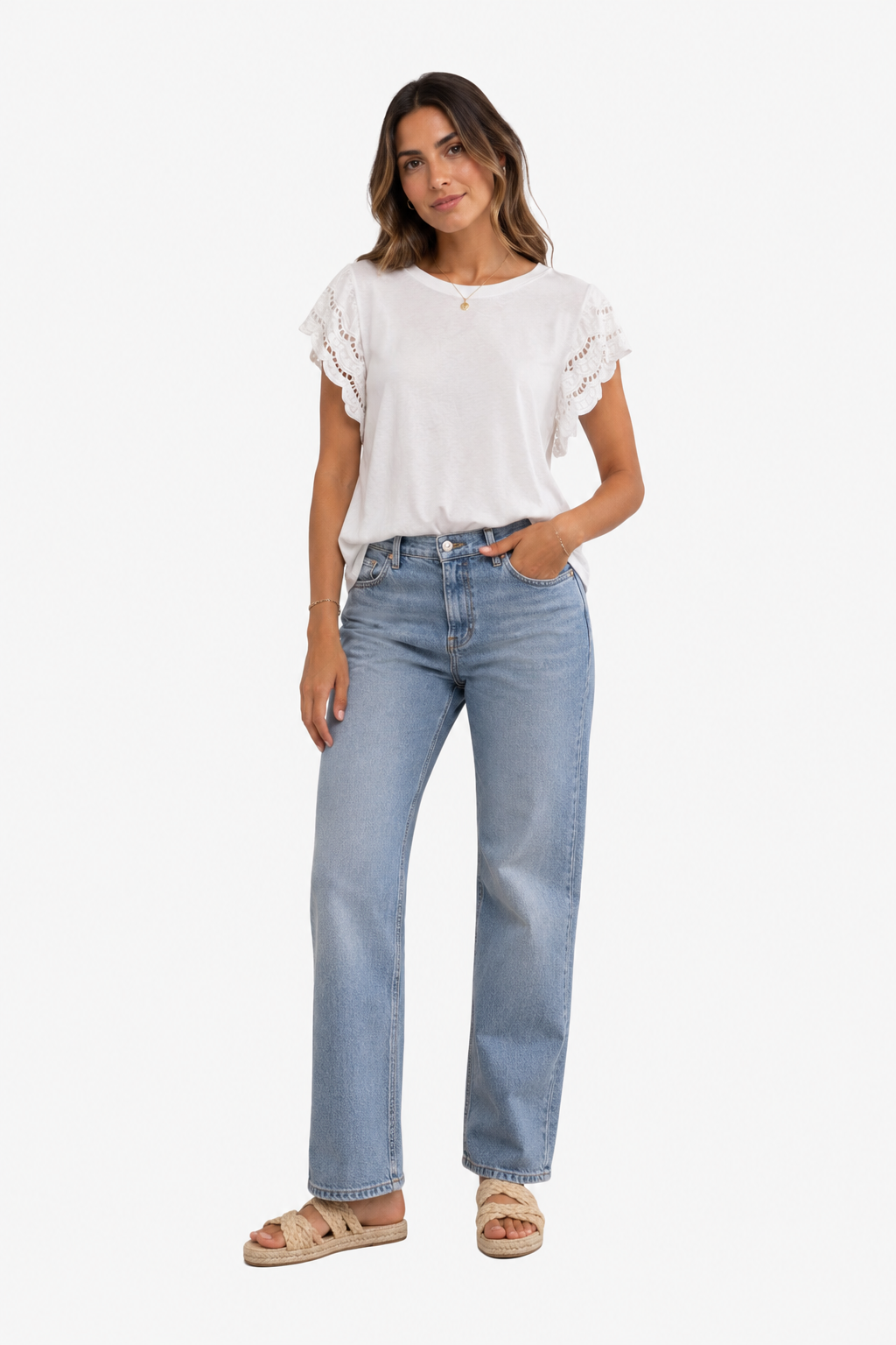 T-shirt Donna con Maniche in Pizzo Sangallo