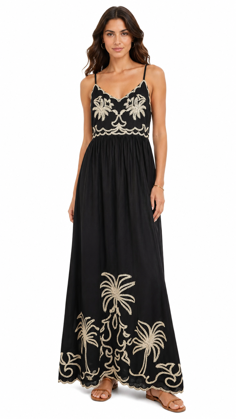Abito Lungo Nero con Ricami Beige Stile Boho Chic