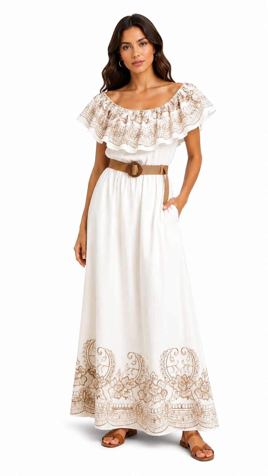 Abito Lungo con Ricami Beige e Scollo Bardot