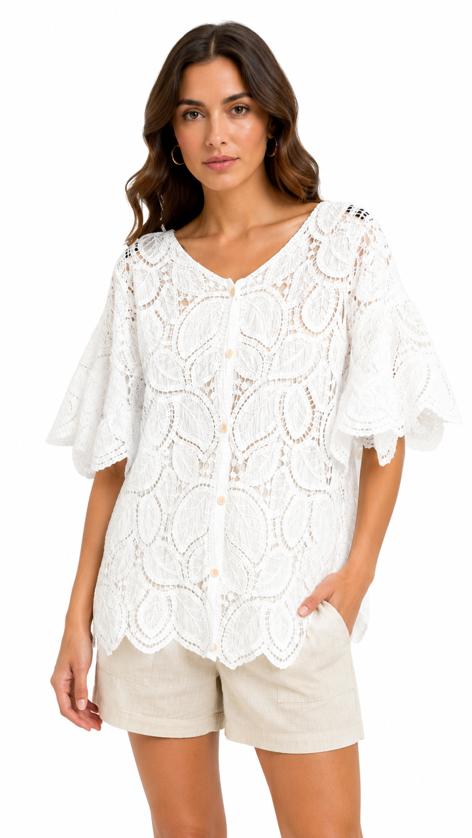 Blusa in Pizzo Bianco con Maniche Ampie
