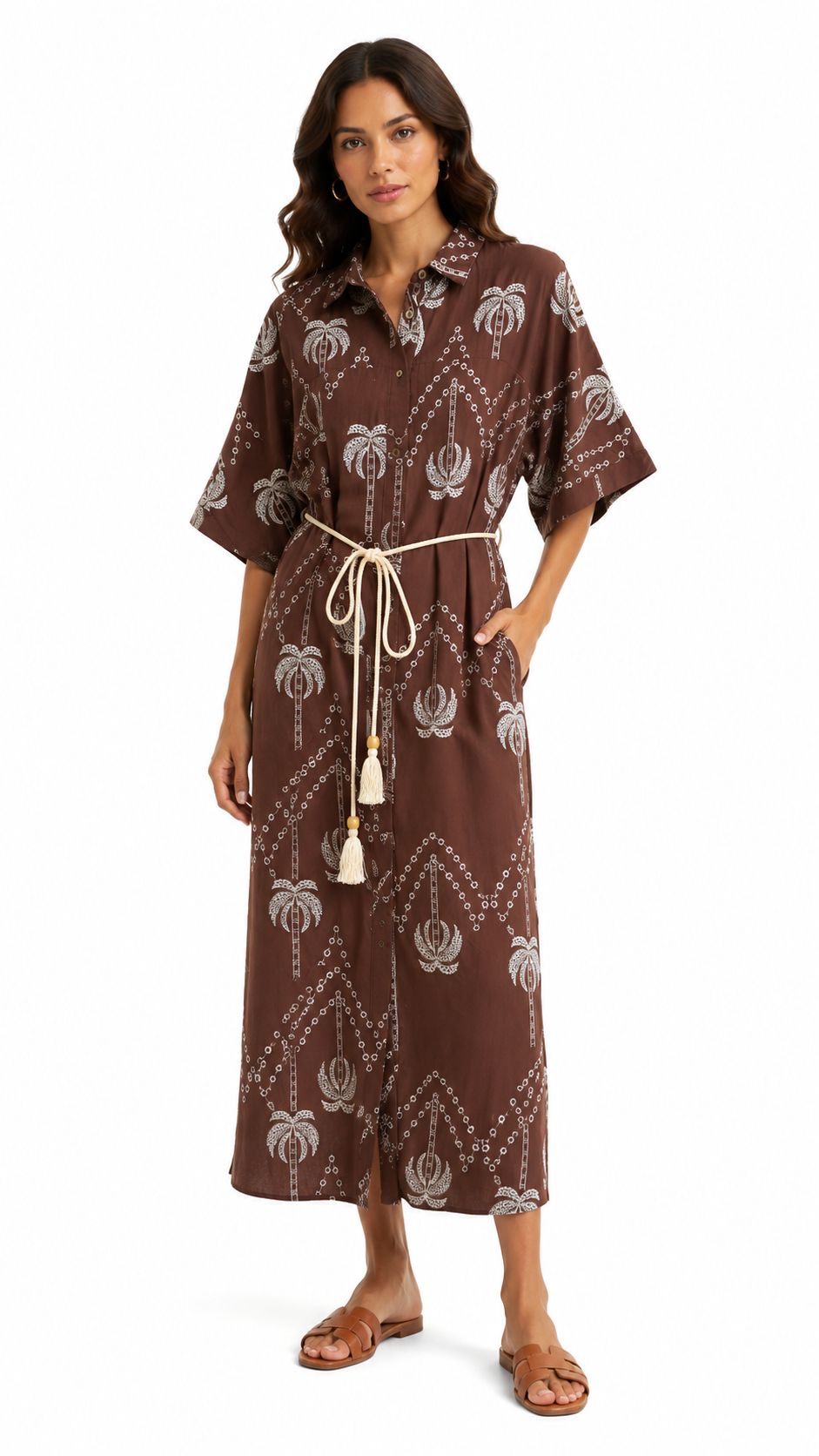 Abito Chemisier con Fantasia Tropicale Beige