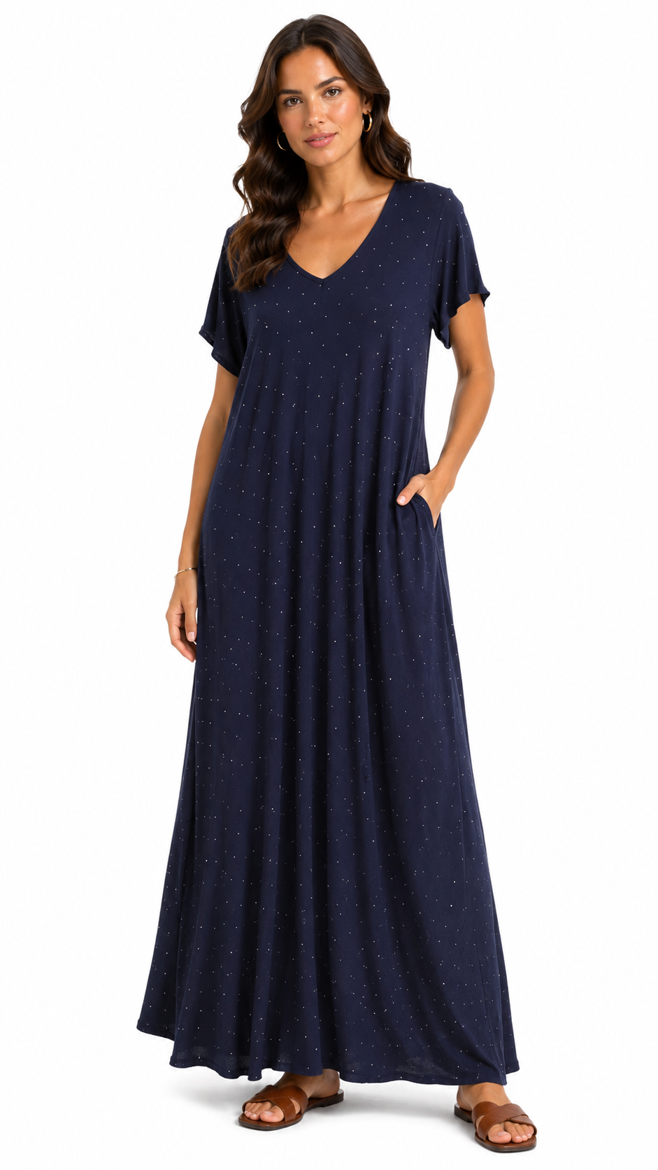 Abito Lungo V-Neck con Micro Strass