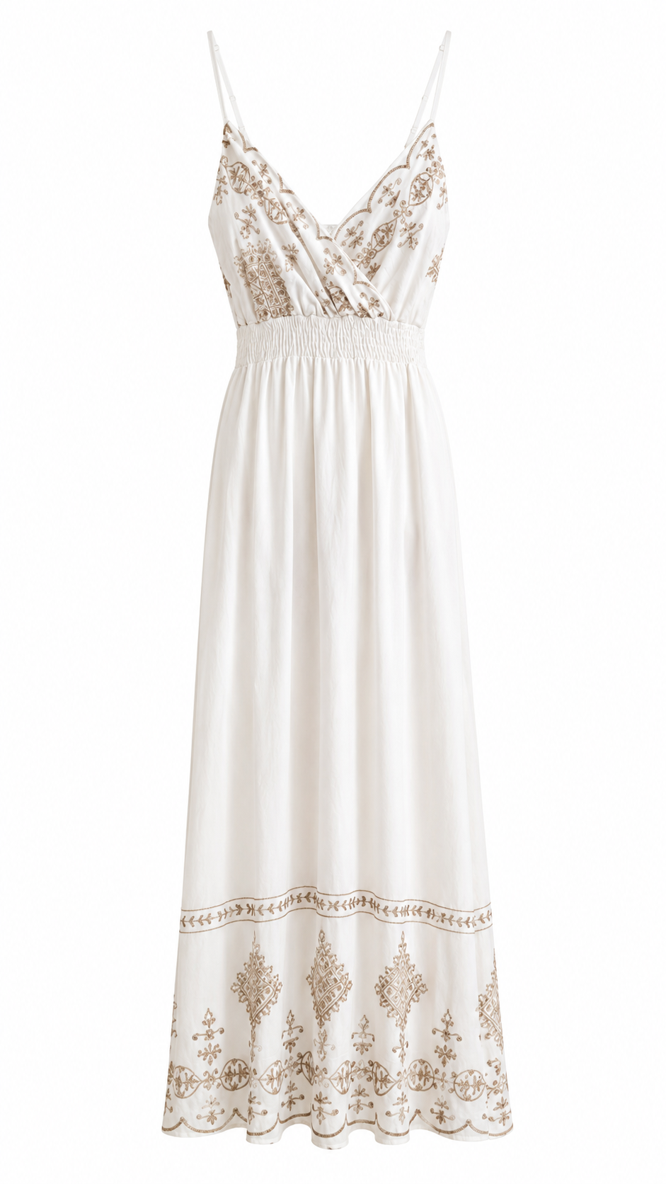 Abito Lungo con Ricami Beige e Spalline Sottili