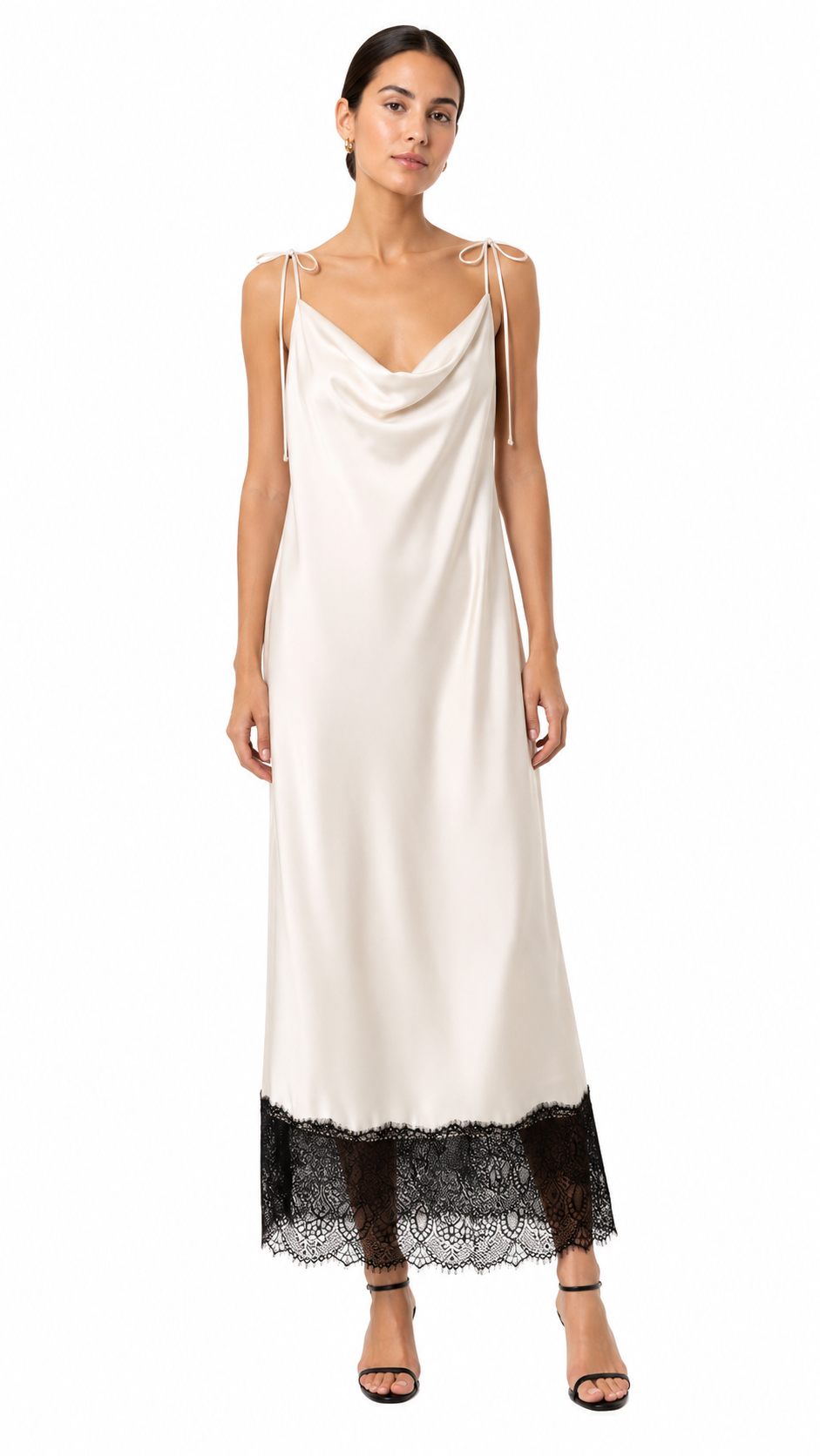 Abito Midi Satin Avorio con Pizzo Nero e Scollo Morbido