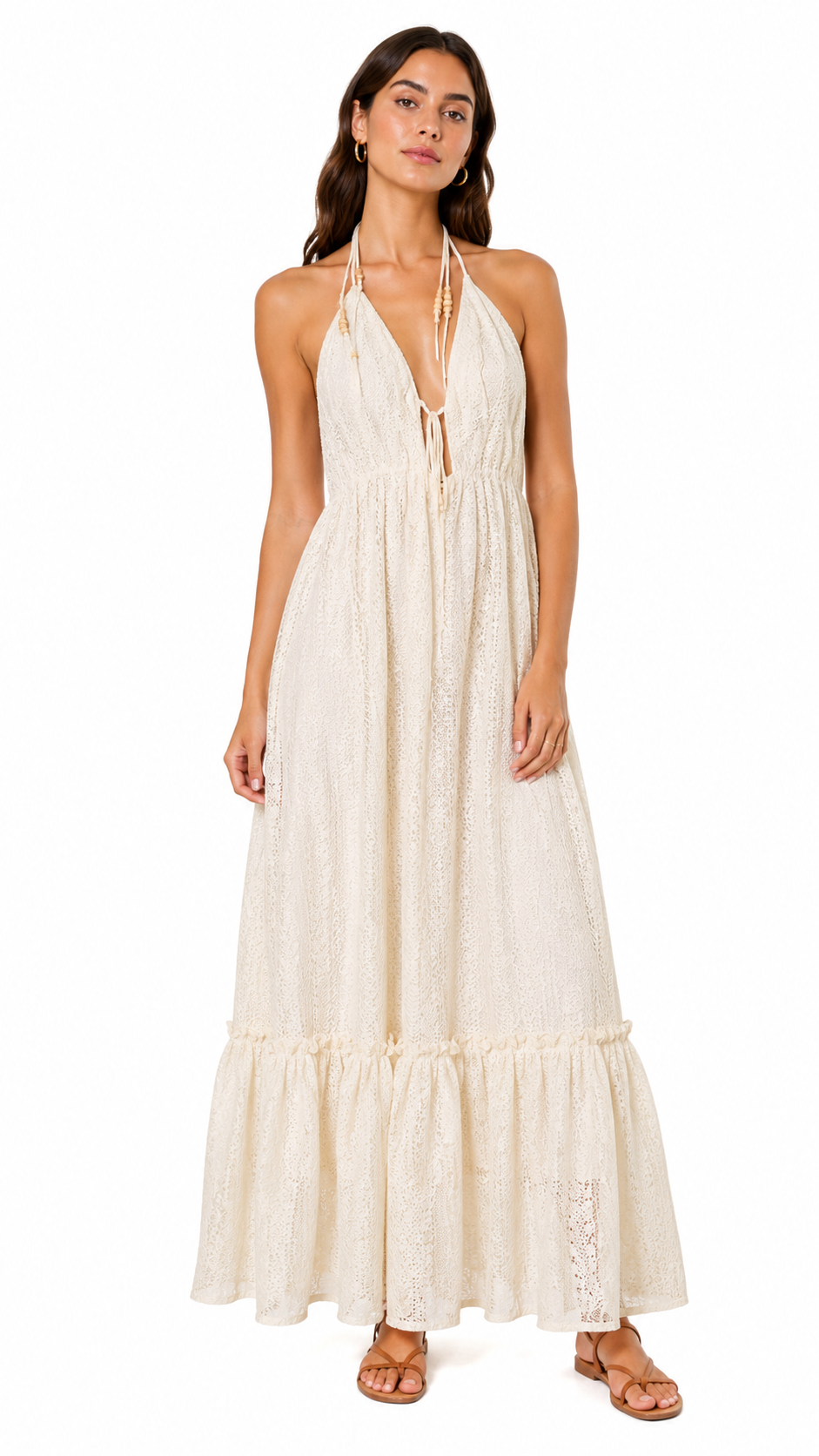 Abito Lungo in Pizzo Avorio con Scollo Halter