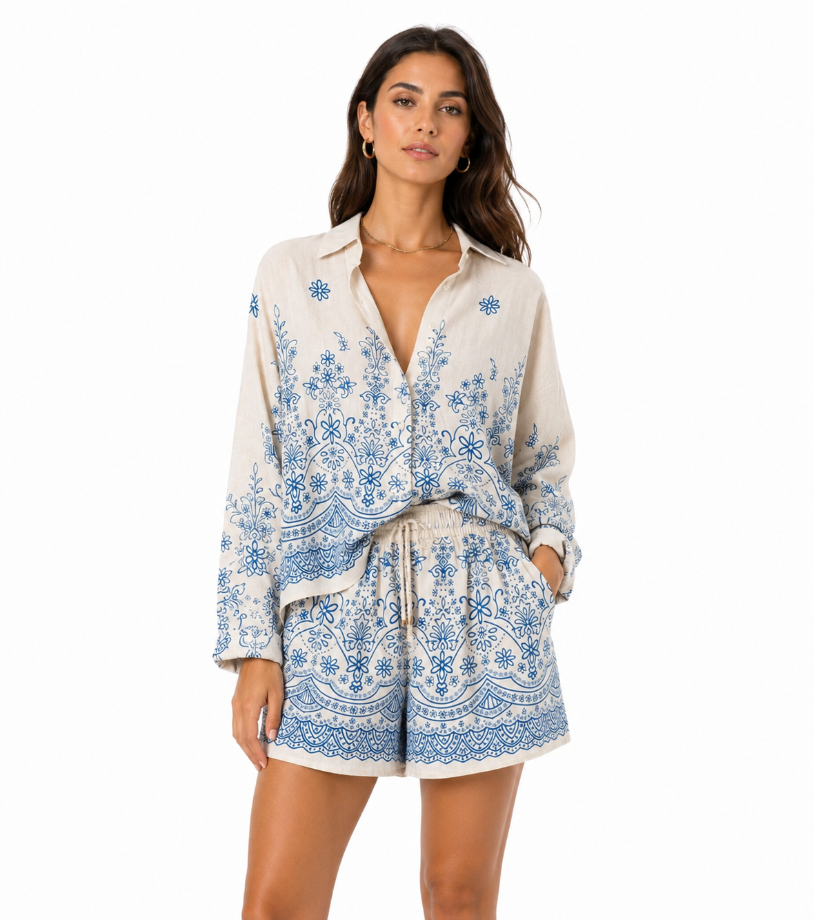 Completo Donna Camicia e Shorts con Stampa Floreale