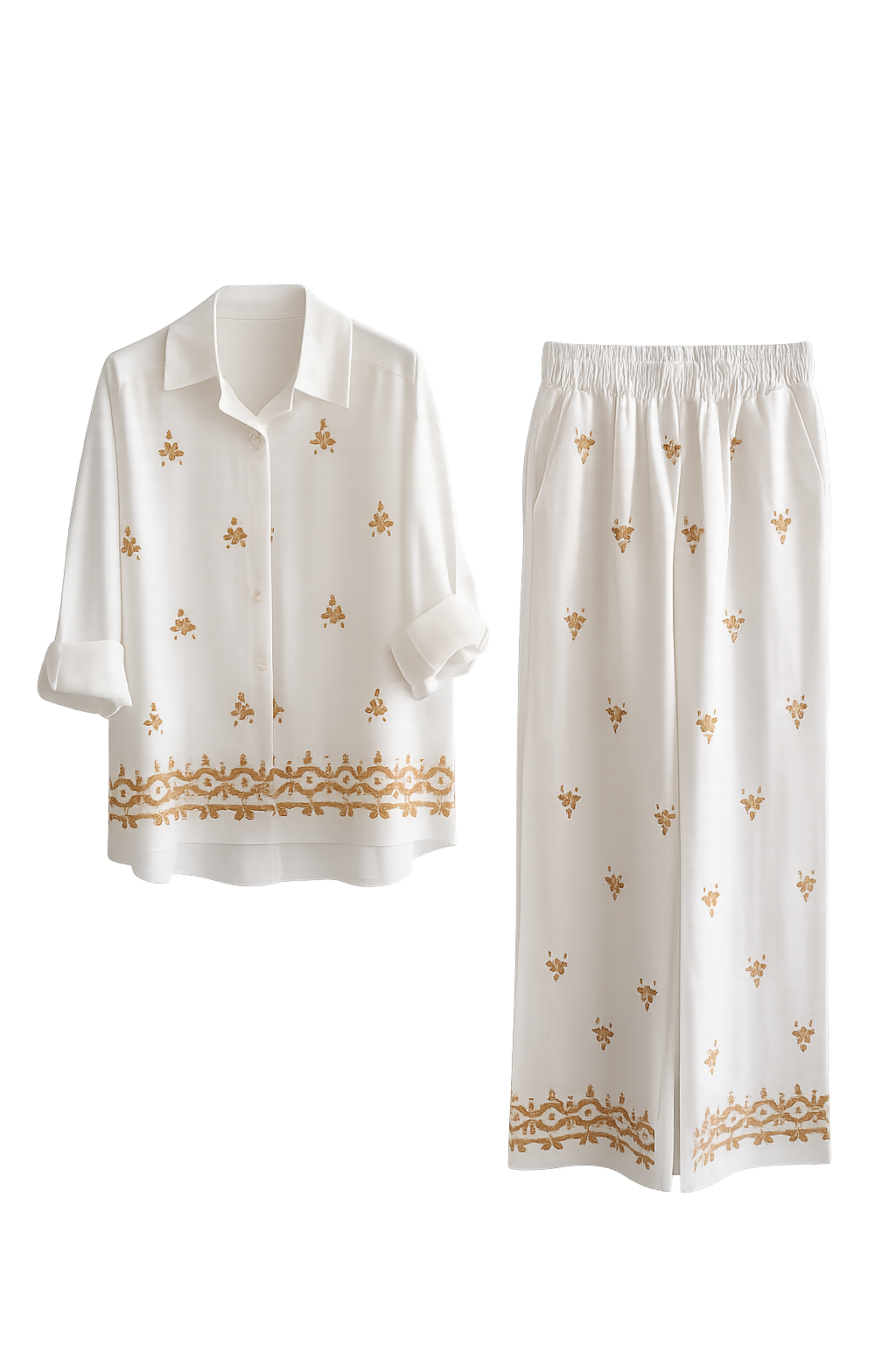 Completo Donna Camicia e Pantalone Ricamato Bianco con Ricami Beige