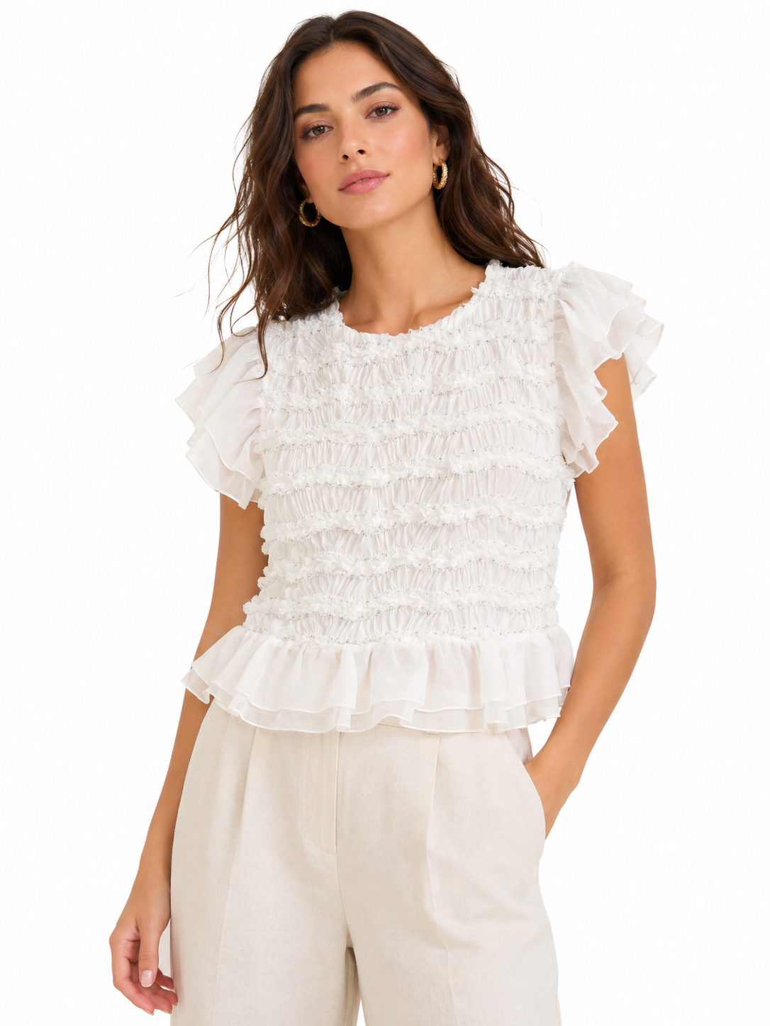 Blusa Donna Arricciata con Maniche in Chiffon