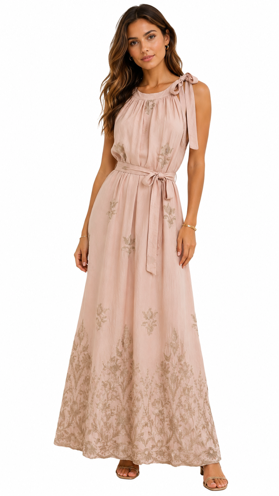 Abito Lungo Donna con Ricami Beige e Fiocco sulla Spalla
